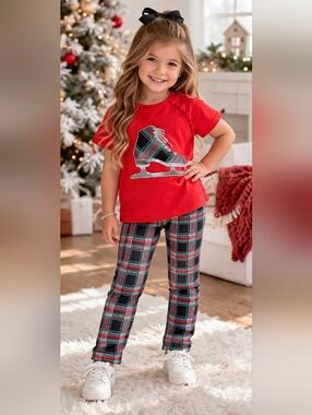 Wonder Nation Girls Plaid Legging Set Ice Skate Top Red Holiday Outfit Size 7